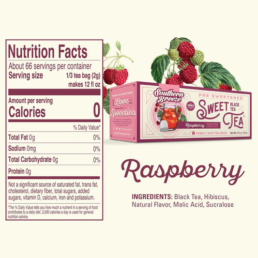 Southern Breeze Raspberry Family Size Tea Bags, 22 Ct (Pack of 2) | Southern-Style Sweet Tea | By the Pitcher | Zero Sugar | Zero Carbs | Hot Brew Ready | Perfect for Family