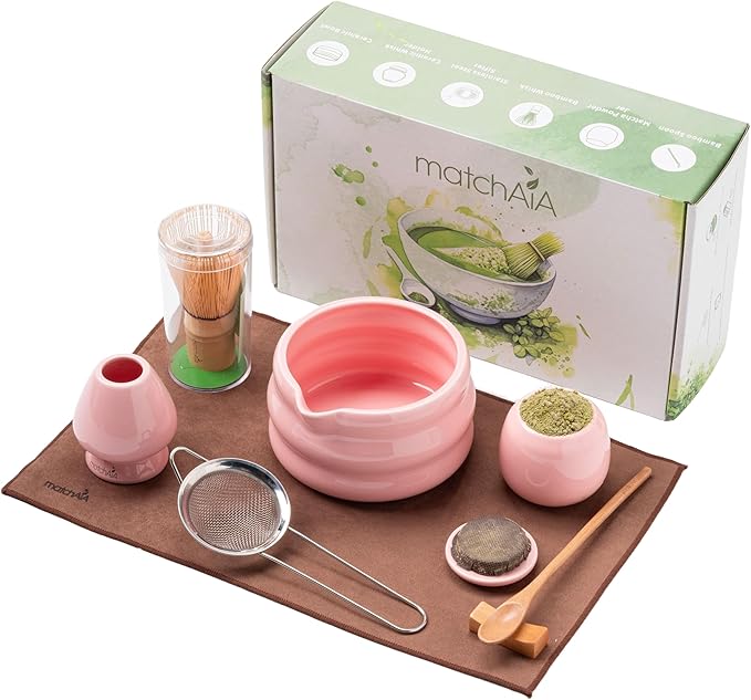 Matcha Whisk Set - Ceramic Bowl, Bamboo Whisk with Holder, Storage Canister, Sifter, Schima Spoon with Rest, Tea Towel