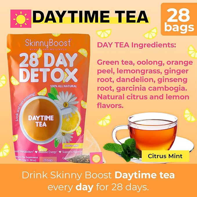 Skinny Boost Detox Tea Kit – 4 PACK - 2 Daytime Teas (56 Bags) 2- Evening Teas (28 Bags) – Herbal Detox for Weight, Metabolism, Energy, Bloating & Colon Cleanse – Green Tea, Vegan, Keto, Non-GMO, Sugar-Free