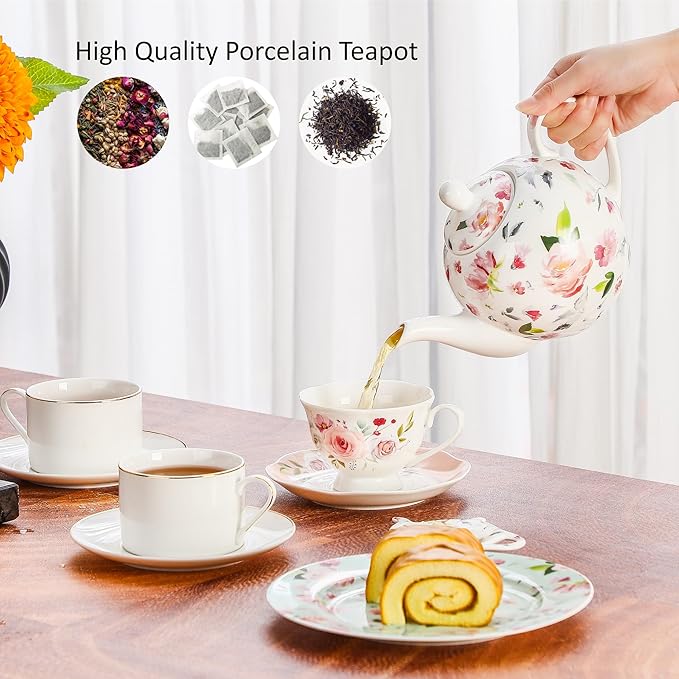 30oz Porcelain Teapot, Floral Design Ceramic Tea Pot for Loose Leaf & Bagged Tea, Classic 3-4 Cups Teapot for Daily Use & Special Occasions