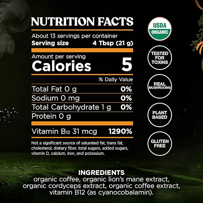 Four Sigmatic Focus Max High Caffeine Cordyceps Coffee, Organic Dark Roast High Caffeine Ground Coffee with Cordyceps, Lion's Mane and B12