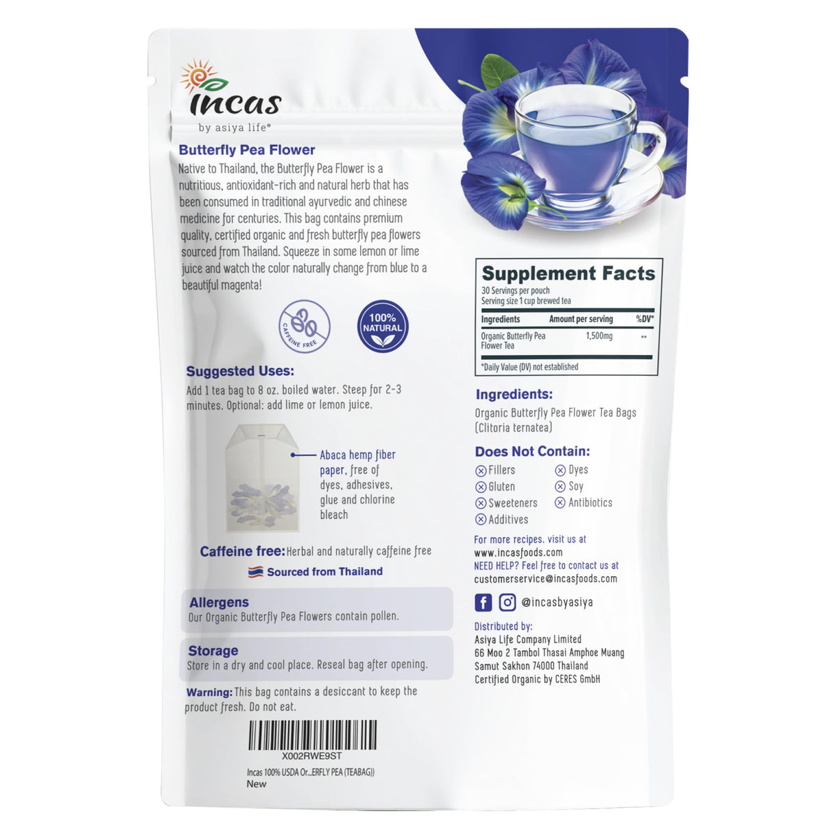 Incas by Asiya Life Incas 100% USDA Organic Butterfly Pea Flower 30 Tea Bags Non GMO Verified Caffeine Free Fresh Harvest