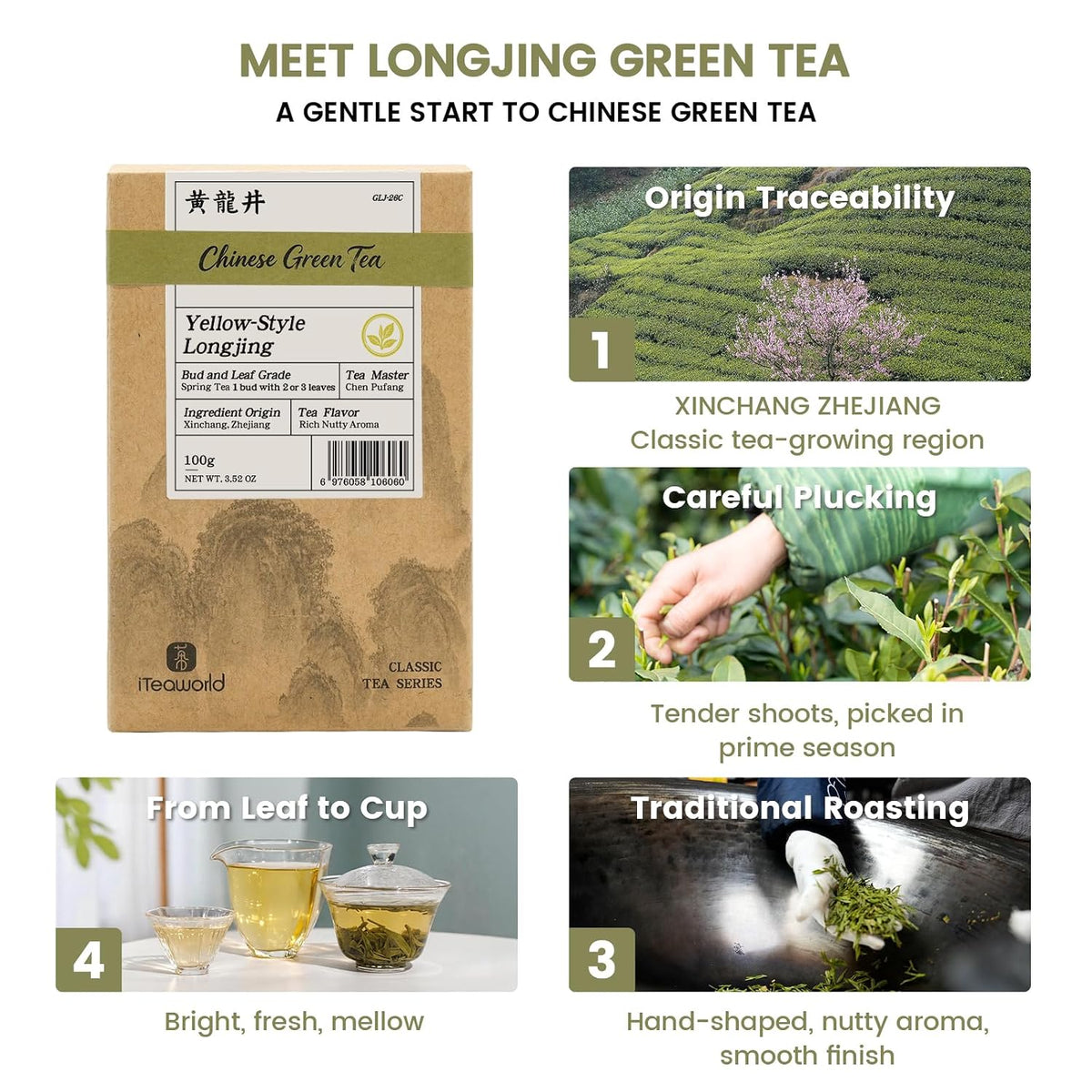 iTeaworld LongJing,Chinese Loose Leaf Green Tea,Dragon Well Tea 3.5oz