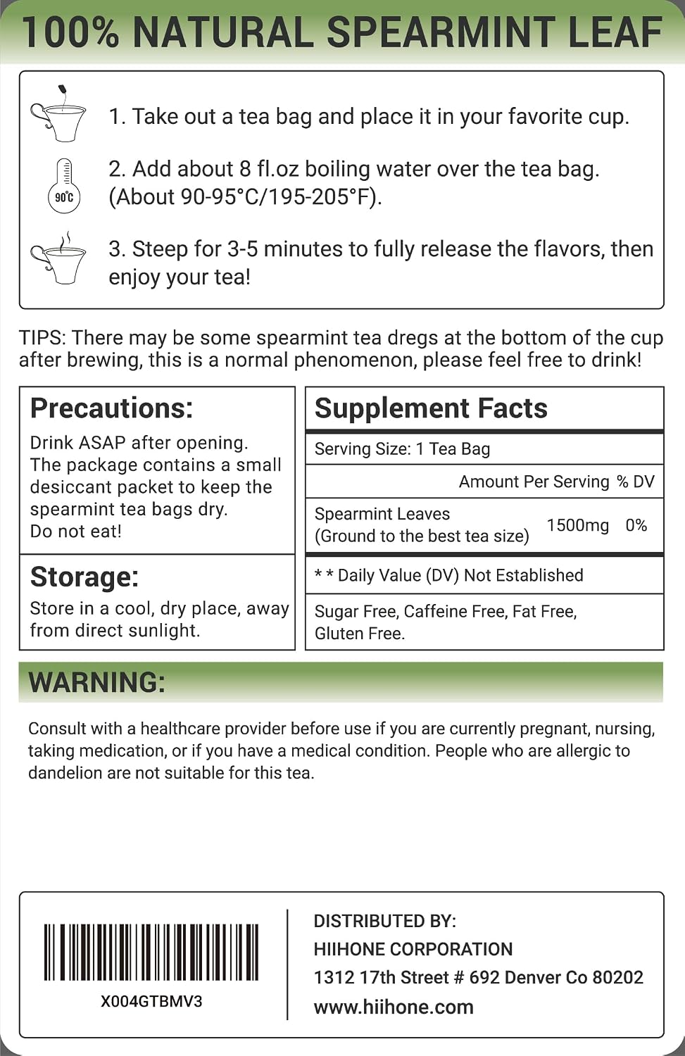 Spearmint Leaf Herbal Tea - Caffeine Free