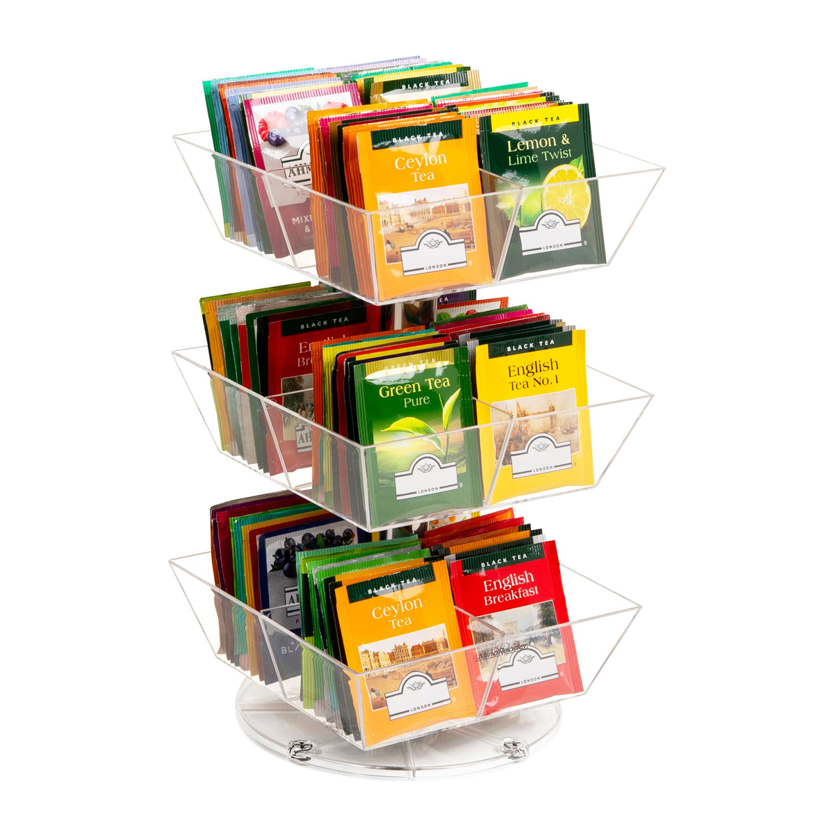 Mind Reader Tea Bag Carousel, 3 Tier Clear Acrylic Organizer with 12 Compartments, 360° Rotating Tea Station for Countertop