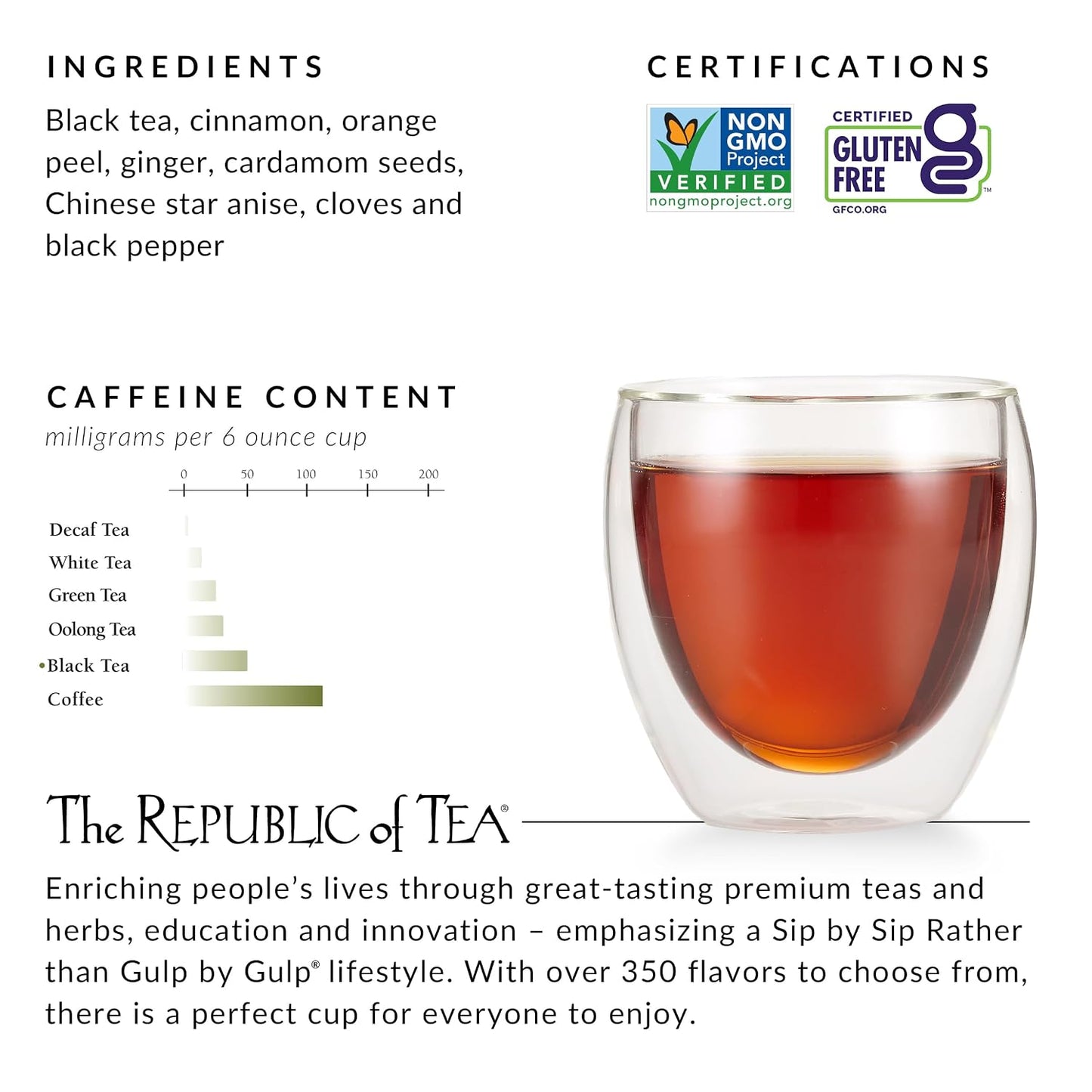 The Republic of Tea Republic Chai Black Tea, Naturally Caffeinated, 50 Ct | Made for morning or afternoon. Brisk and full-bodied with notes of warming ginger and baking spice. Gluten Free and Non-GMO.