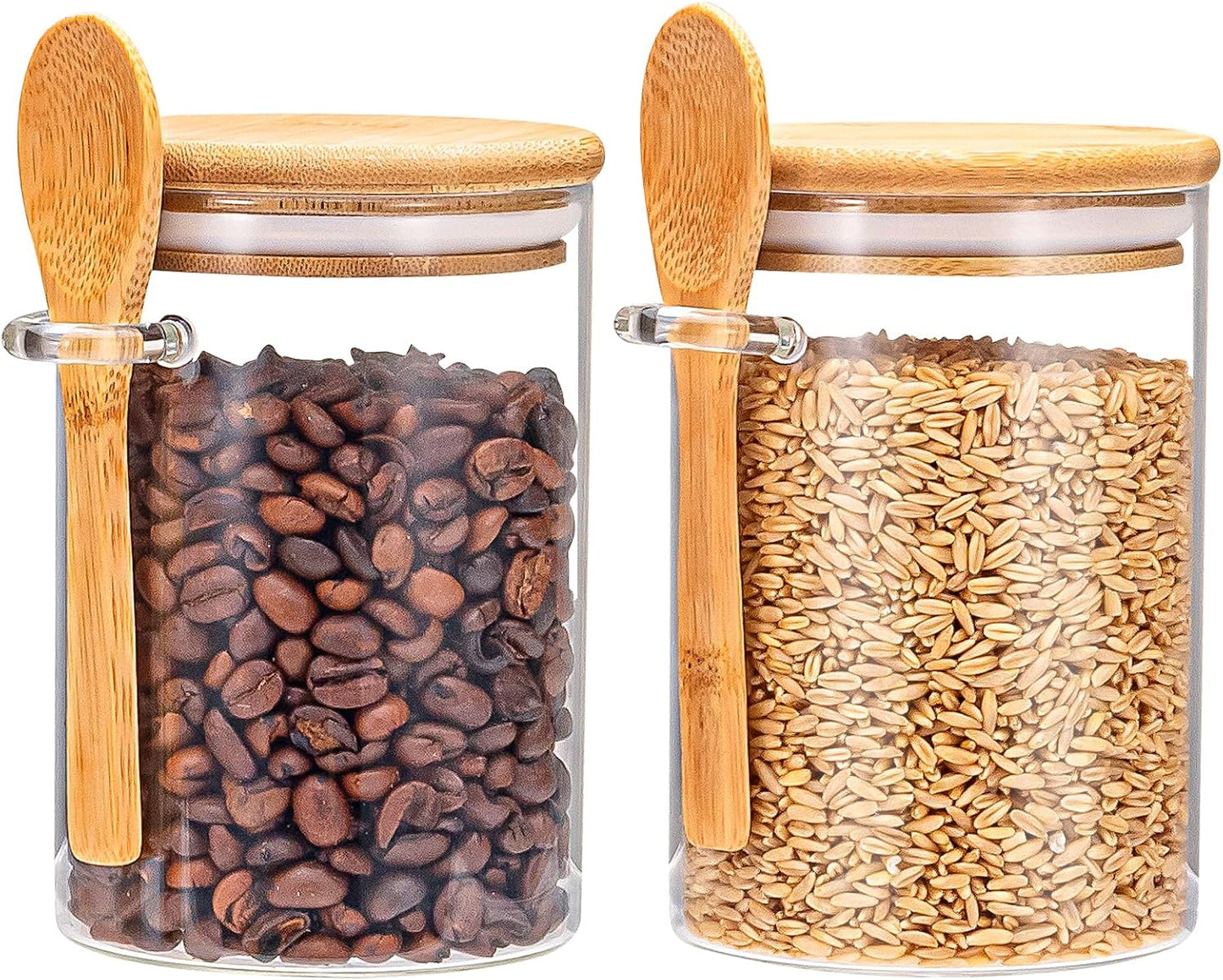 Airtight Food Storage Containers, Glass Canister With Wooden Spoon and Lids, 20 Oz Jars for Serving Bath Salt, Sugar, Spice, Coffee, Tea, Cereals, Condiment (2 Set)