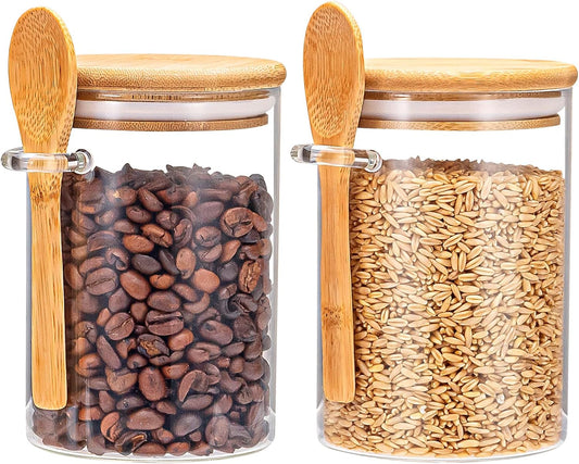 Airtight Food Storage Containers, Glass Canister With Wooden Spoon and Lids, 20 Oz Jars for Serving Bath Salt, Sugar, Spice, Coffee, Tea, Cereals, Condiment (2 Set)