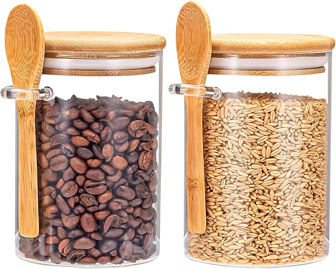 Airtight Food Storage Containers, Glass Canister With Wooden Spoon and Lids, 20 Oz Jars for Serving Bath Salt, Sugar, Spice, Coffee, Tea, Cereals