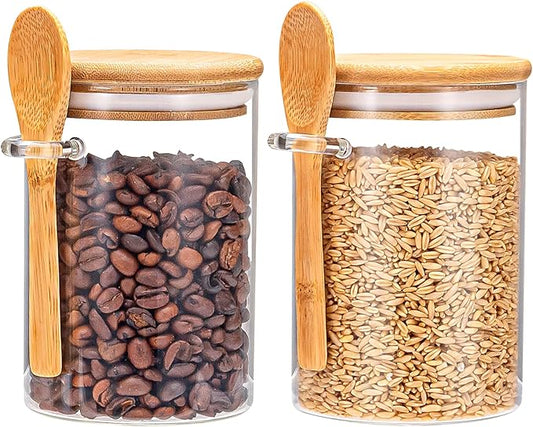 Airtight Food Storage Containers, Glass Canister With Wooden Spoon and Lids, 20 Oz Jars for Serving Bath Salt, Sugar, Spice, Coffee, Tea, Cereals