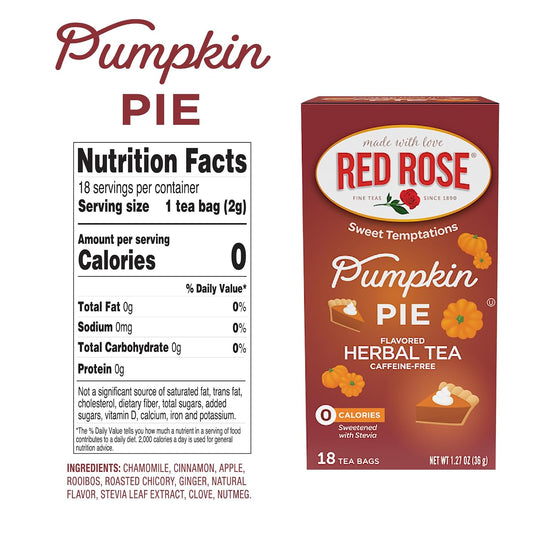 Red Rose Sweet Temptations Pumpkin Pie Dessert Herbal Tea, 18 Bags, 2 Pack | Sweet, dessert-inspired herbal tea | Naturally flavored | Caffeine-free | Ideal sweet treat