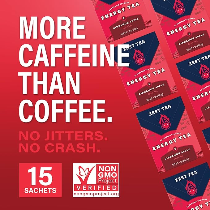 Zest Cinnamon Apple Spice Energy Tea – High Caffeine Black Tea Bags for Focus, Clarity & Morning Energy – Natural Non-GMO Caffeinated Breakfast Tea – Cozy Fall Focus Tea with 150mg Caf – 15Ct Box