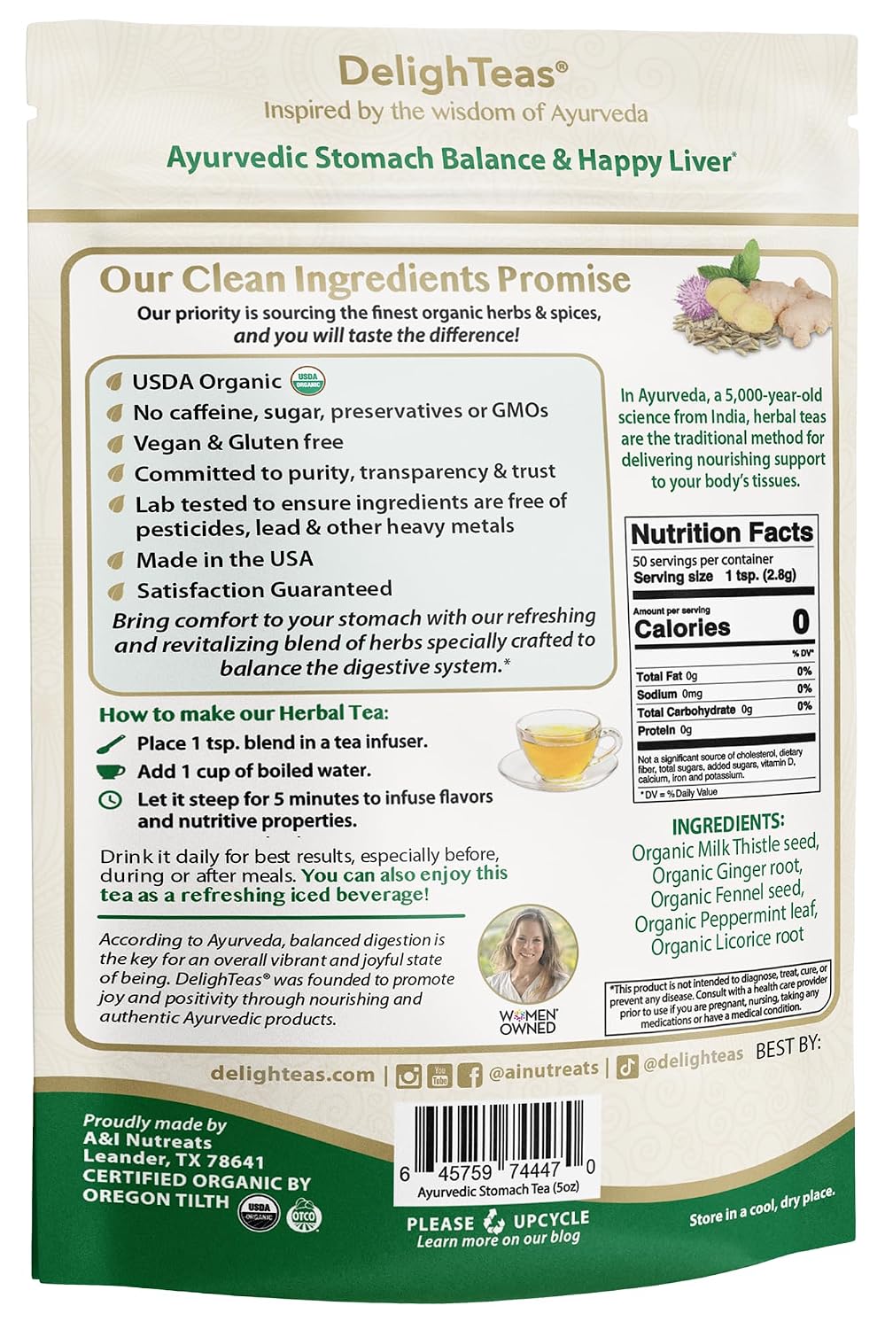 DelighTeas Stomach &amp; Liver Tea | Ayurvedic Herbal Blend for Digestion | Organic Milk Thistle, Fennel, Ginger, Peppermint &amp; Licorice | Vegan, Caffeine-Free, Sugar-Free | Loose Leaf, 50 Servings, 5oz