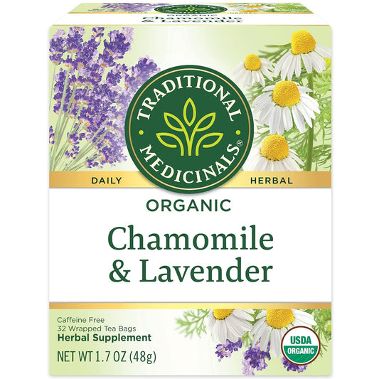 Traditional Medicinals Organic Chamomile &amp; Lavender, 32 Tea Bags | Chamomile Tea Supporting Stress Relief and Relaxation, Kosher, Non-GMO, Caffeine-Free, Compostable