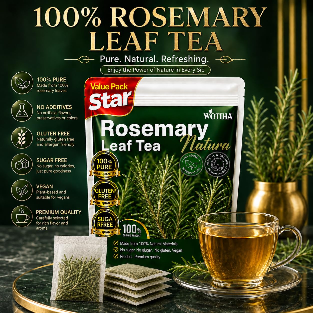WOTIHA 60 Count Premium Rosemary Leaf Tea Bags - 100% Pure Natural Rosemary Leaves, Stimulating, Antioxidants &amp; Minerals, Caffeine-Free, No Additives.