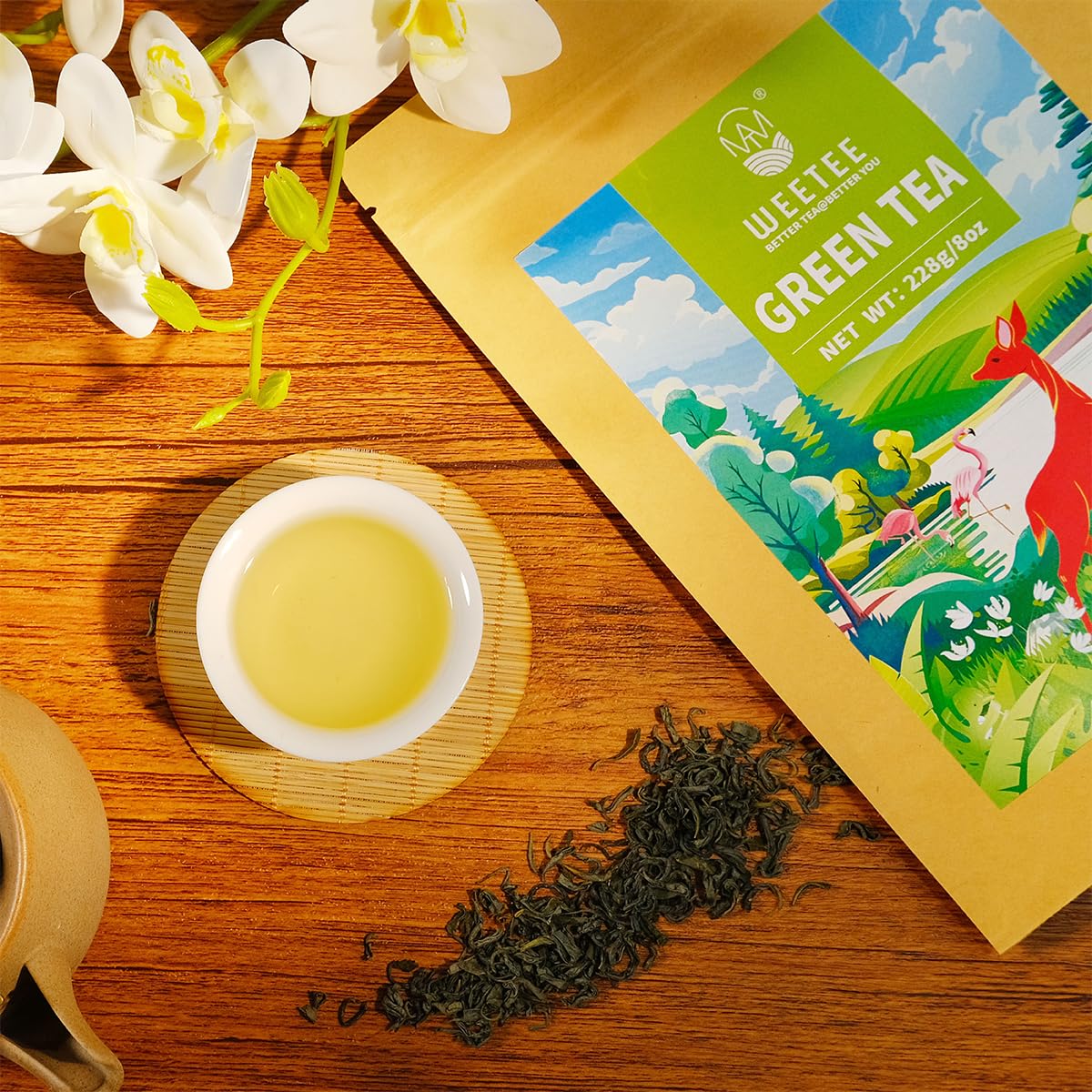 WT WEETEE Green Tea Loose Leaf 8oz, 110+ Cups Premium, Fresh &amp; No Bitter | Spring Harvest High Mountain Green Loose Leaves Tea, Chestnut &amp; Bean Aroma, Sweet Aftertaste, Daily Sipping &amp; Mindful Rituals
