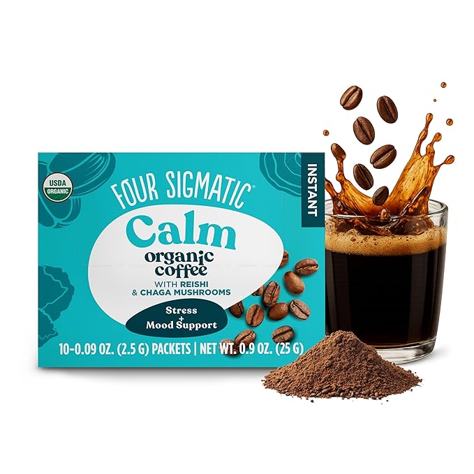 Four Sigmatic Calm Organic Instant Coffee, Medium Roast Arabica with Reishi & Chaga Mushrooms for Stress Relief & Mood Support, USDA Organic
