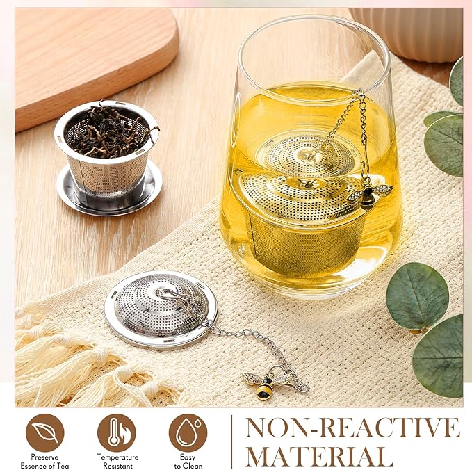 3 Sets Tea Infusers Loose Tea, Stainless Steel Leaf Strainers Steepers with Drip Trays and Honey Bee Pendant Novelty Fine Mesh