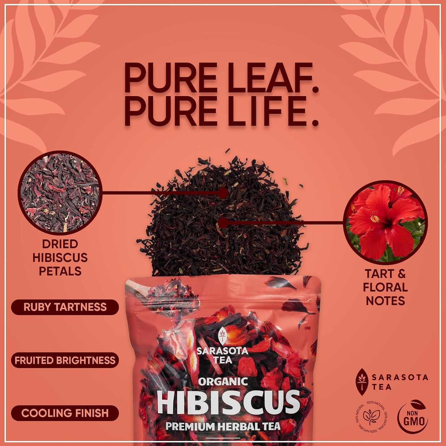 Organic Hibiscus Tea 1 lb (16 Oz) – USDA Certified Organic Hibiscus Flowers, Cut &amp; Sifted – Caffeine Free Loose Leaf Herbal Tea for Hot or Iced Tea – Non-GMO Bulk Resealable Bag