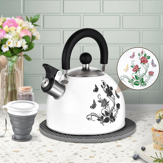 ARC 2 Quart Whistling White Tea Kettle with Magic Color Changing Design | Stainless Steel Stovetop Kettle Whistle Teapot with Folding Cup &amp; Trivet Mat