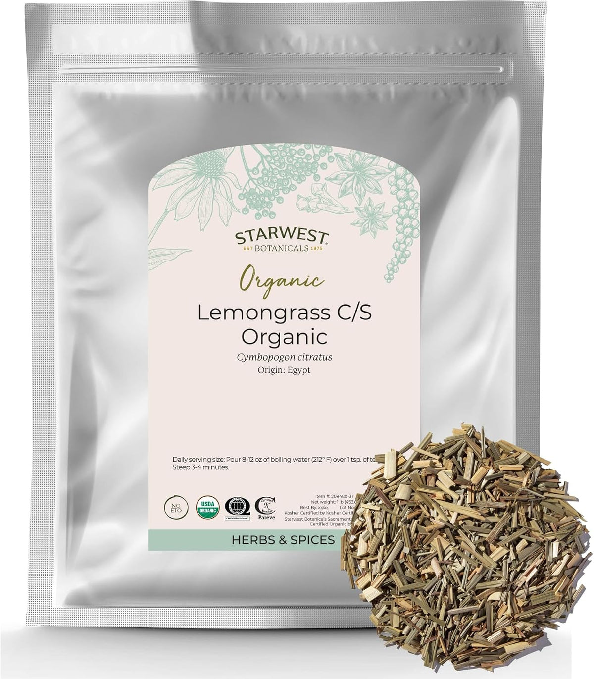 Starwest Botanicals Organic Lemongrass, Certified Kosher - Bulk 1 lb Bag