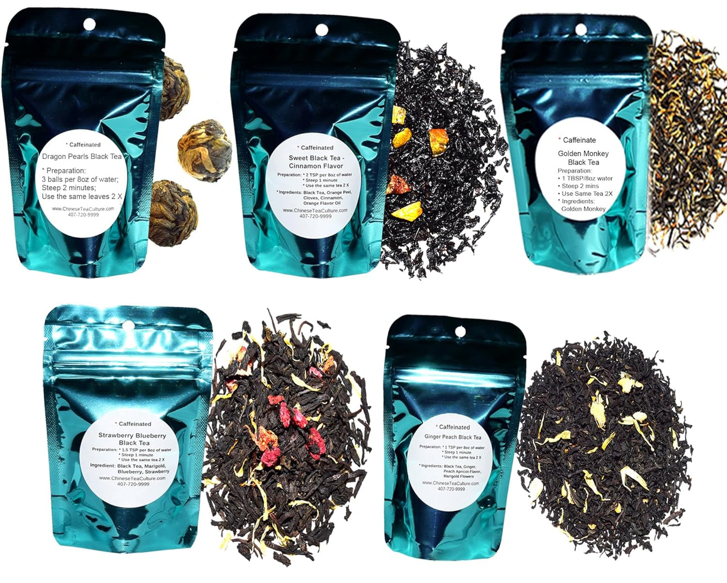 5 Black Tea Samplers, Caffeinated, Sweet Black Tea (No Sugar Added), Dragon Pearls Tea, Golden Monkey Tea, Ginger Peach Tea, Strawberry Blueberry Tea, Loose Leaf Tea
