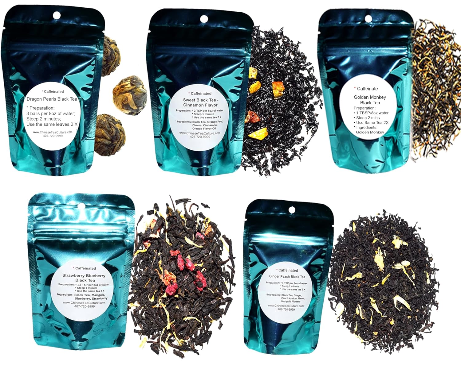 5 Black Tea Samplers, Caffeinated, Sweet Black Tea (No Sugar Added), Dragon Pearls Tea, Golden Monkey Tea, Ginger Peach Tea, Strawberry Blueberry Tea, Loose Leaf Tea