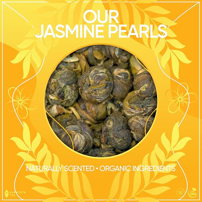 Organic Jasmine Pearls Loose Leaf Tea | Hand-Rolled Green Tea Scented with Jasmine Blossoms | USDA Organic | Premium Dragon Pearls | 4.4oz Bag | Floral & Smooth | Non-GMO