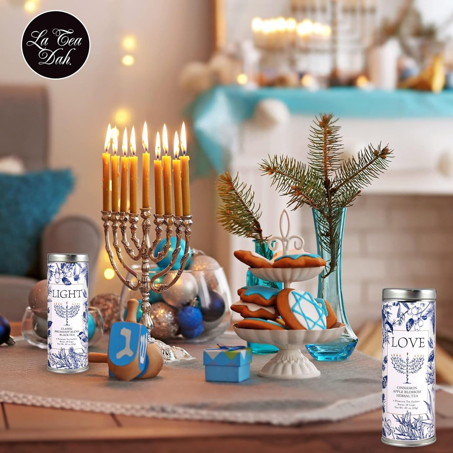 Hanukkah Tea Gift Set, Two Tins of Fancy Tea in Festive Love & Light Packaging, Hanukkah Gifts for Women and Men, Chanuka Holiday Tea Sampler