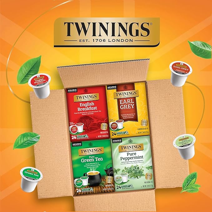 Twinings 96 K-Cup Pods Variety Pack 24 Count (Pack of 4), English Breakfast, Earl Grey, Green, and Pure Peppermint Tea for Keurig and Single Cup Brewers, Enjoy Hot or Iced