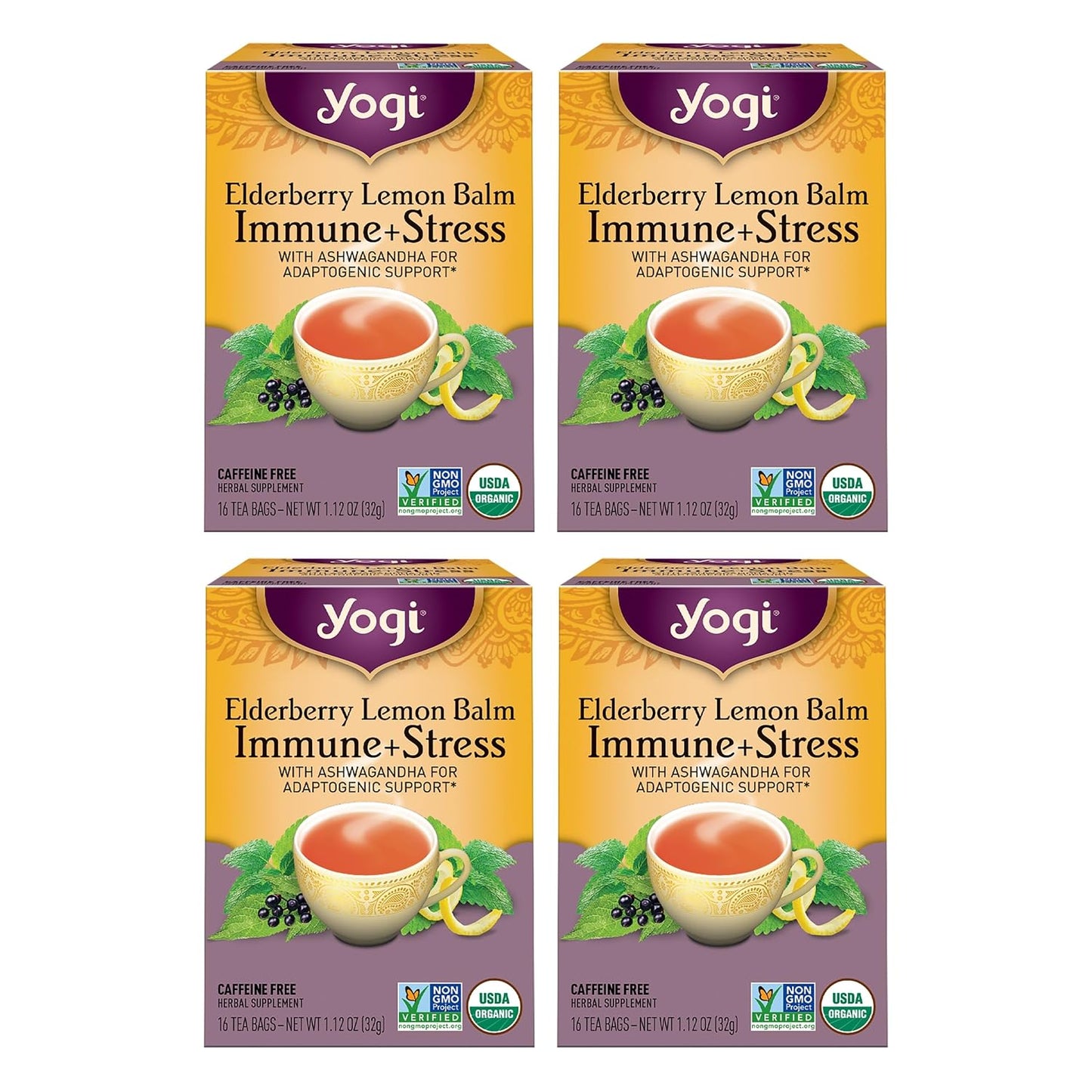Yogi Tea Elderberry Lemon Stress & Immune Support Tea - 16 Tea Bags, 4 Packs - With Ashwagandha, Lemongrass, Licorice Root & More
