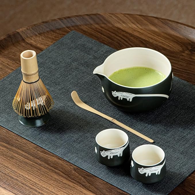 Unique Cat Matcha Tea Set, Matcha Bowl with Spout, 2 Cups, Bamboo Whisk, Chasen Holder & Scoop, 6 Pcs Matcha Set for Tea Ceremony & Unique Gift for Matcha Lover