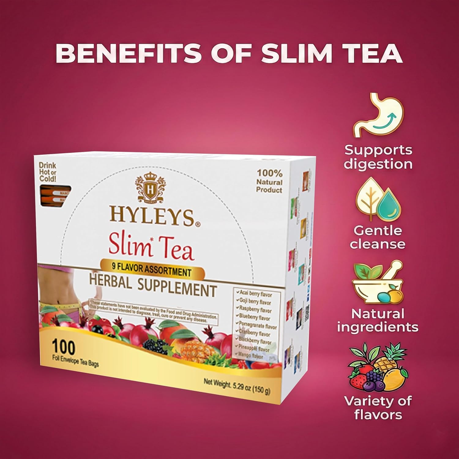 HYLEYS Slim Tea 9 Flavor Assortment 100 Ct - Weight Loss Herbal Supplement Cleanse and Detox - 100 Tea Bags (1 Pack) - Herbal Tea Variety Pack