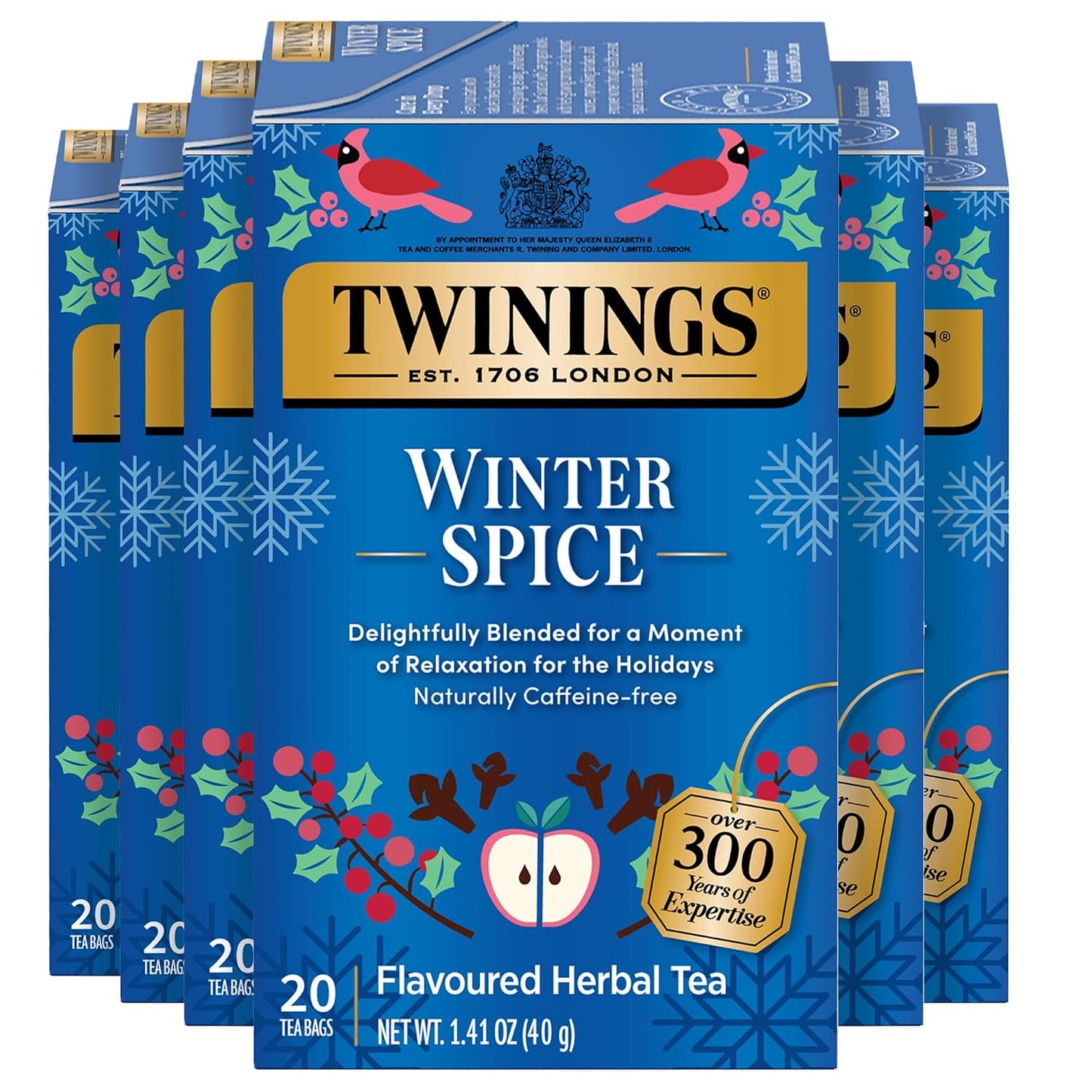 Twinings Winter Spice Camomile Apple Spiced Herbal Tea Bags, 20 CT (6 Pack) | Holiday Seasonal Tea, Camomile, Apple, Cinnamon, &amp; Clove, Naturally Caffeine-Free, 120 Foil Lined Individually Wrapped Bags
