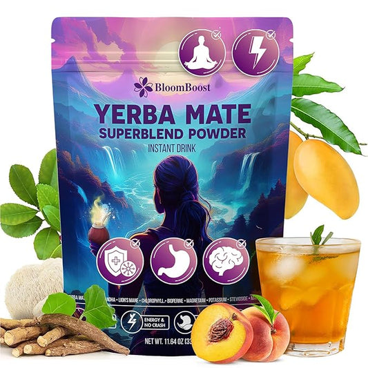 Yerba Mate Instant Tea Powder – Yerba Mate, Ashwagandha, Lion’s Mane, Chlorophyll, Peach Mango Flavor – 11.6 oz (30 Servings) – Sugar-Free, Gluten-Free, Superfood Energy & Focus Blend