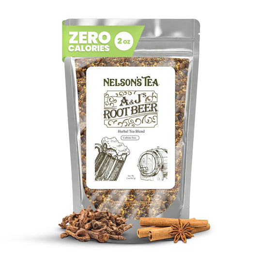 Nelson's Tea AandJ's Root Beer Sarsaparilla Loose Leaf Harmonious Tea, 2 oz | Herbal Burdock Birch Bark Dandelion • Caffeine Free • Tea • Root Beer • Sarsaparilla Root Tea • AandJ's Root Beer