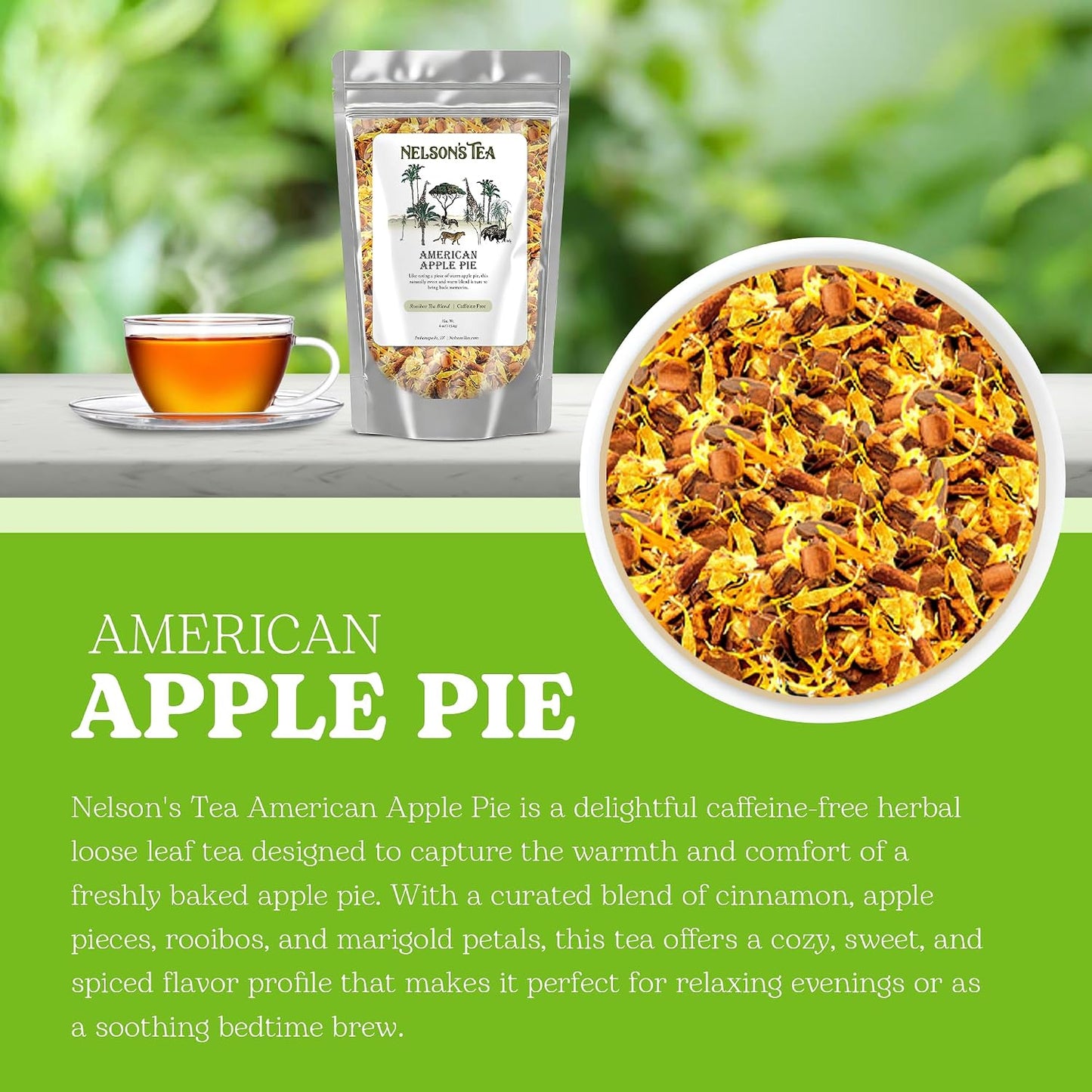 Nelson's Tea American Apple Pie Rooibos Cinnamon Blend Loose Leaf Tea, 2 oz | Marigold Herbal • Caffeine Free • Tea • Loose Leaf Tea • Apple Pie • Rooibos • American Apple Pie Rooibos Cinnamon Blend