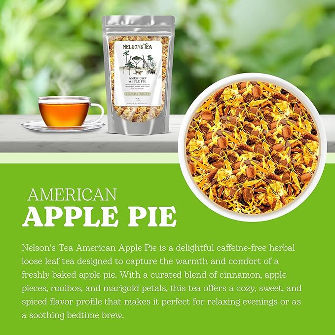 Nelson's Tea American Apple Pie - Caffeine Free, Herbal Loose Leaf Tea, Curated Blend with Cinnamon, Apple Pieces, Rooibos, and Marigold Petals