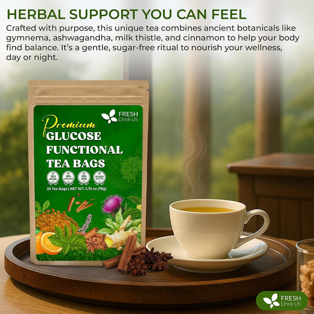 FreshDrinkUS, Premium 75 Tea Bags Glucose Functional Tea – Herbal Blend with Gymnema, Cinnamon, Bitter Melon, Tulsi &amp; More –– Caffeine-Free. Sugar-Free. Gluten-Free. Vegan