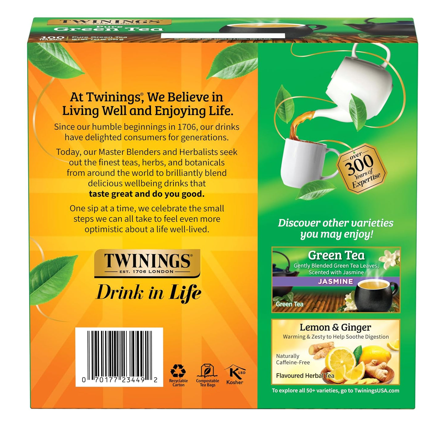 Twinings Pure Green Tea, Caffeinated, Tea Bags, 100 CT Box (1 Pack) | Pure, Smooth, Fresh &amp; Aromatic Green Tea, Naturally Caffeinated, 100 Foil Lined Individually Wrapped Bags, Enjoy Hot or Iced