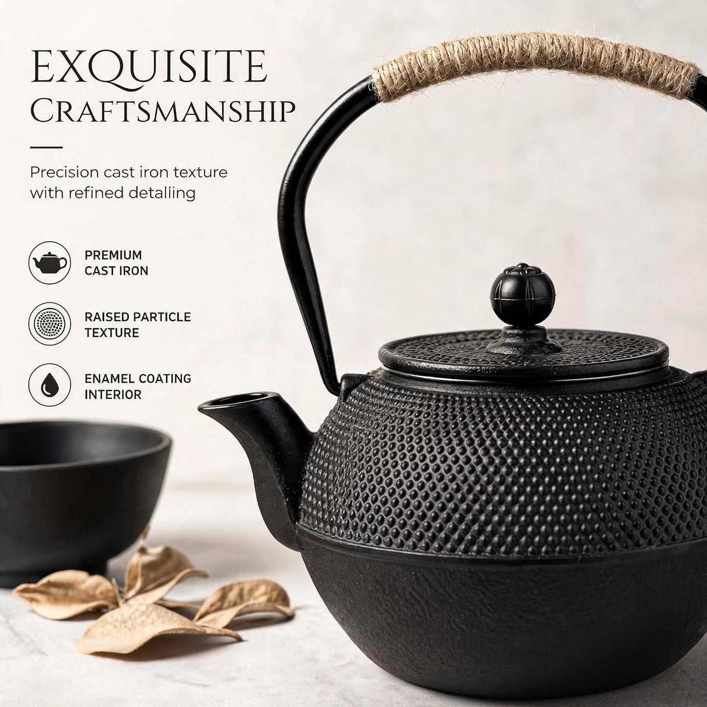 40oz Cast Iron Tea Kettle for Stovetop, Black Teapot with Infuser | Tea Pot with Strainer for Loose Tea, Small and Heavy, Japanese Tetsubin, Enameled Interior, Suitable for Induction Cooker