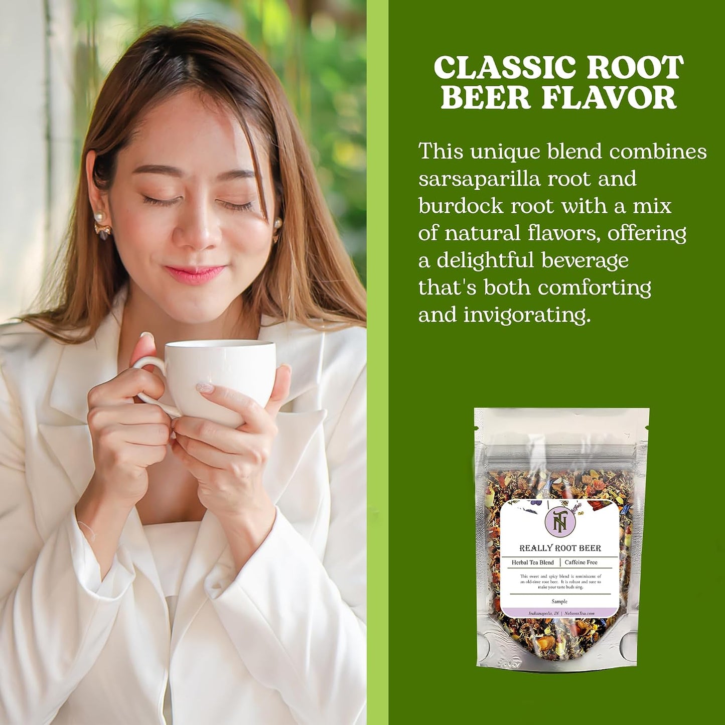 Nelson's Tea Really Root Beer Sarsaparilla Loose Leaf Tea, Sample, 0.5 oz | Herbal Burdock Birch Bark Dandelion Licorice Ginger • Caffeine Free • Tea • Sarsaparilla Root Tea • Really Root Beer