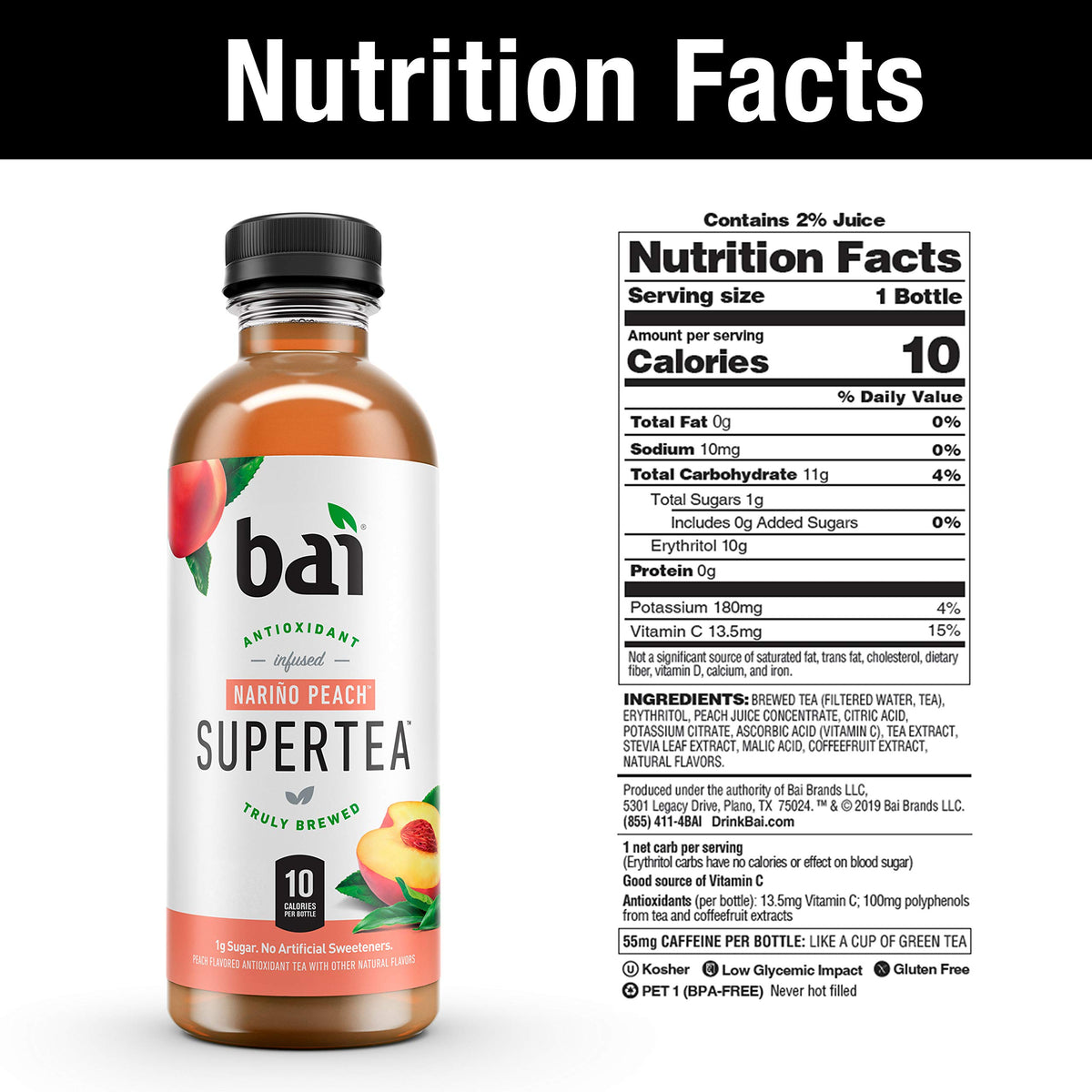 Bai Iced Tea, Narino Peach, Antioxidant Infused Supertea, Crafted with Real Tea (Black Tea, White Tea), 18 Fluid Ounce B