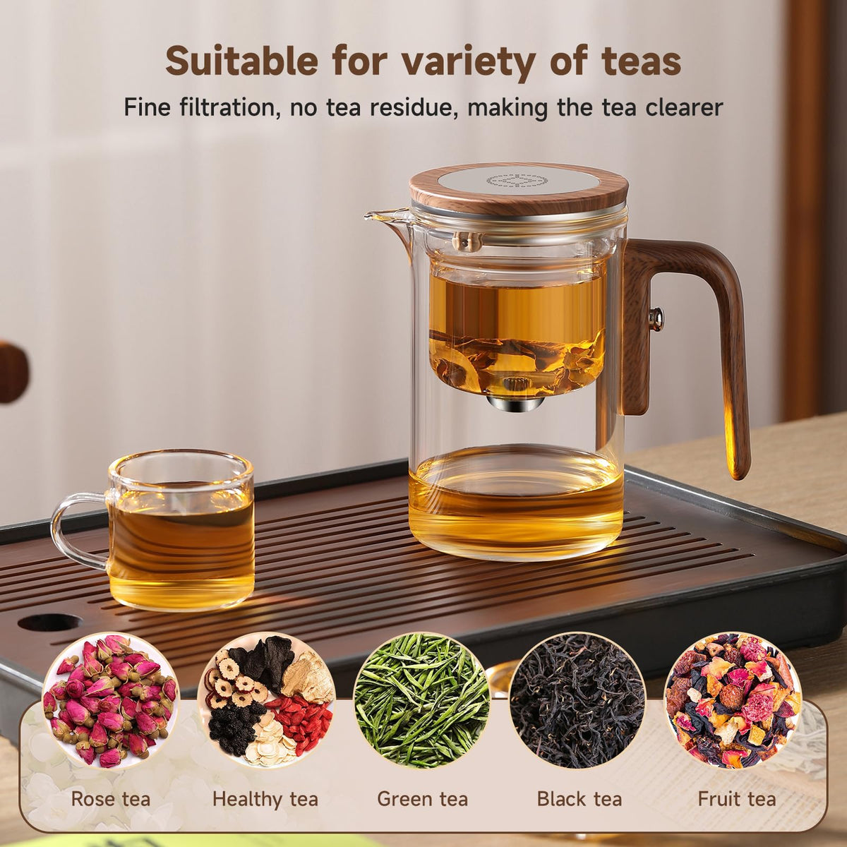 GrowCube Enchanti Tea Pot, Magic Glass Teapot with Strainer,Magnetic Water Separation with Infuser -800ML/27.01oz