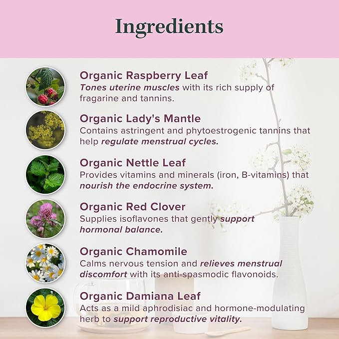 Jade Tea Organic Herbal Blend – Red Raspberry Leaf, Lady's Mantle, Red Clover, Chamomile & Damiana – Fair Trade, Made in USA