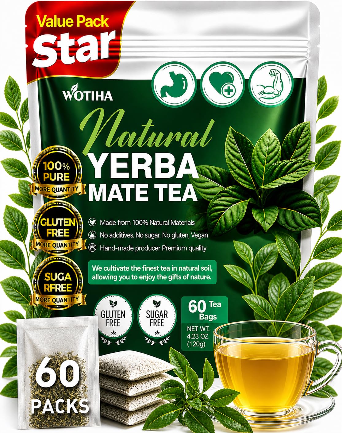 WOTIHA 60 Count Premium Unsmoked Yerba Mate Tea Bags - Sourced from Argentina, 100% Pure &amp; Natural Energy, Coffee Alternative, Additive-Free, Sugar-Free, Gluten-Free, Vegan, Non-GMO