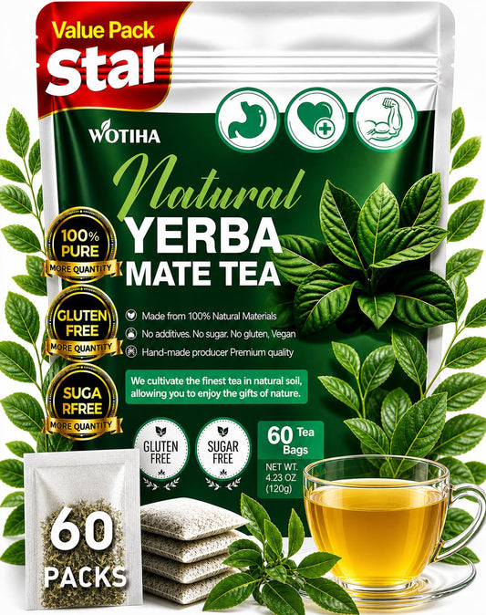 WOTIHA 60 Count Premium Unsmoked Yerba Mate Tea Bags - Sourced from Argentina, 100% Pure &amp; Natural Energy, Coffee Alternative, Additive-Free, Sugar-Free, Gluten-Free, Vegan, Non-GMO