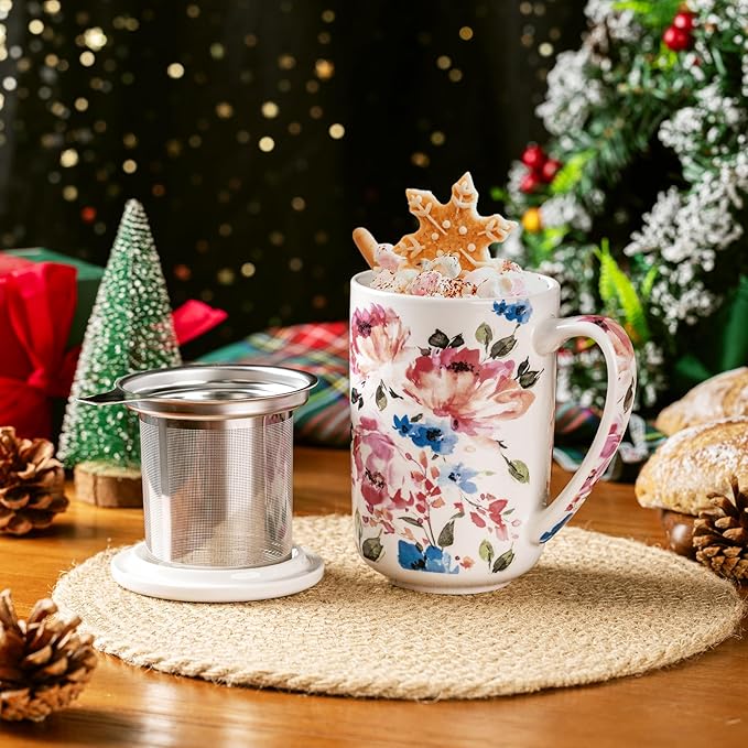 Gbhome Tea Mug with Infuser and Lid, 18 Ounce Large Ceramic Loose Leaf Cup, Microwave, Dishwasher Safe, Perfect For Tea Lovers