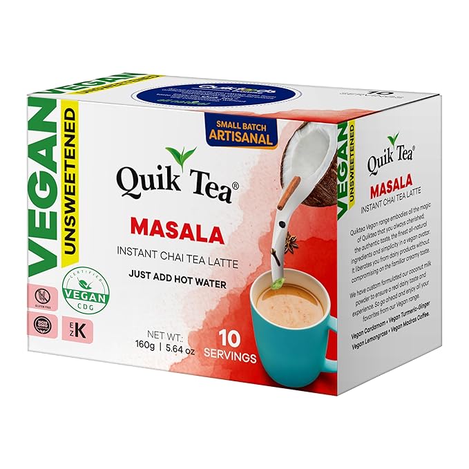 QuikTea Vegan Masala Unsweetened Chai Tea Latte – 10 Count, Bold Masala Flavor, Naturally Caffeine-Light, no preservatives, No Sugar Added – Just Add Hot Water
