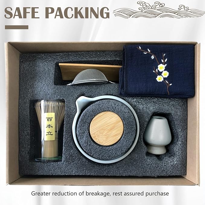 Artcome 9Pcs Japanese Matcha Tea Set, Matcha Bowl with Pouring Spout, Matcha Whisk, Ceramic Whisk Holder, Tea Scoop, Matcha Powder Caddy, Traditional Handmade Matcha Ceremony Gift Box Kit